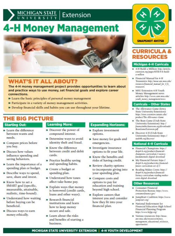 4-H Money Management snapshot sheet cover