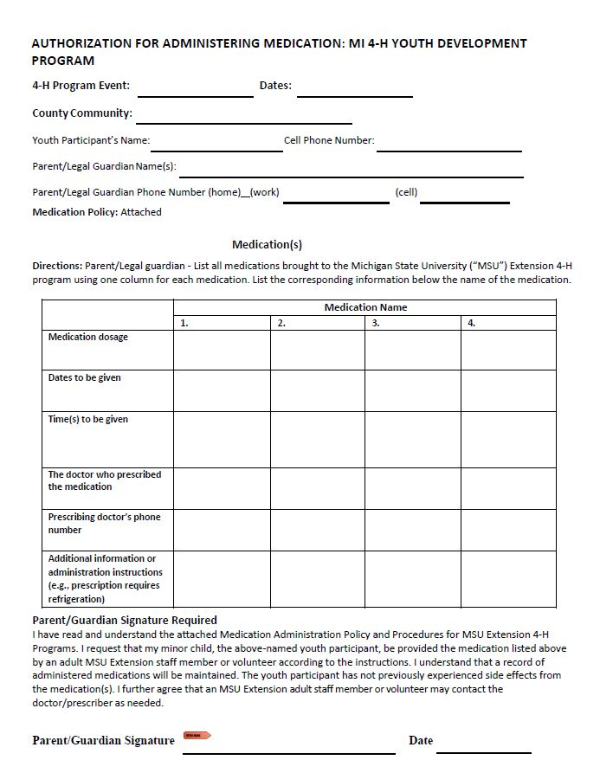 Michigan 4H Medication Administration Policy, Procedures and