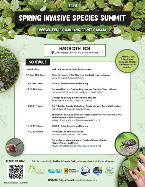 Schedule of speakers and time for the Spring Invasive Species Summit.