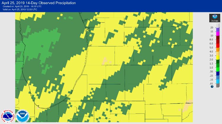 The 14-day observed precipitation map for Southwest Michigan as of April 25, 2019.