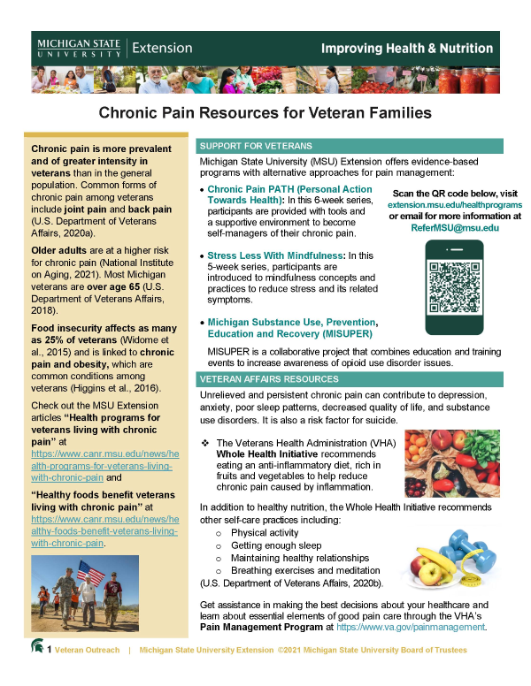 Front page of Chronic Pain Resources for Veteran Families Tip Sheet