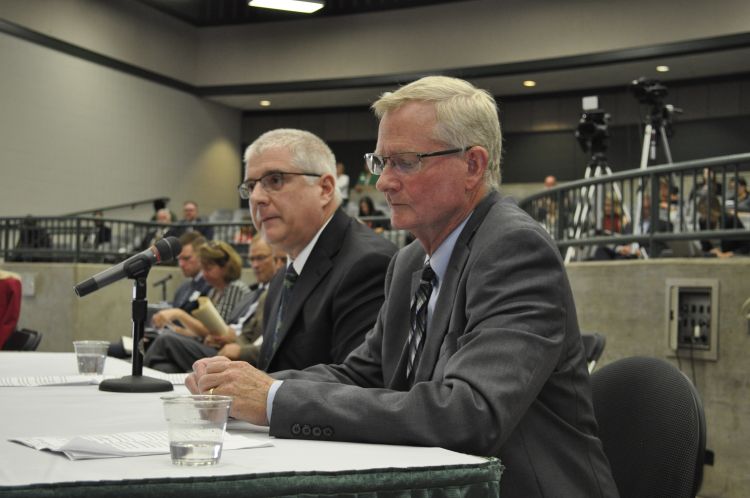 Ron Hendrick (left), dean of the MSU College of Agriculture and Natural Resources, and Jeff Dwyer, director of MSU Extension, discussed the unique role MSU plays in the state's agriculture industry and how the university is helping amidst growing challenges.