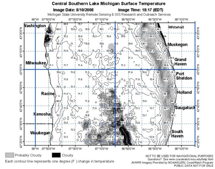 Where would you fish?  This CoastWatch image shows an upwelling that brought 51.3-degree water to shore at Port Sheldon while South Haven remained in the high 60s.