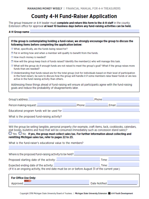 This is an image of the County 4-H Fund-Raiser Application.