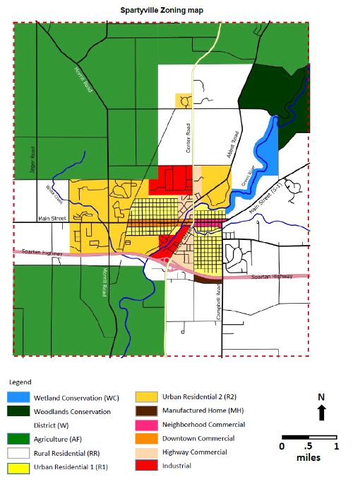 A sample zoning map for the fictional Spartyville, MI with a key to identify zoning districts.