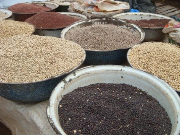 bowls of dried beans on display