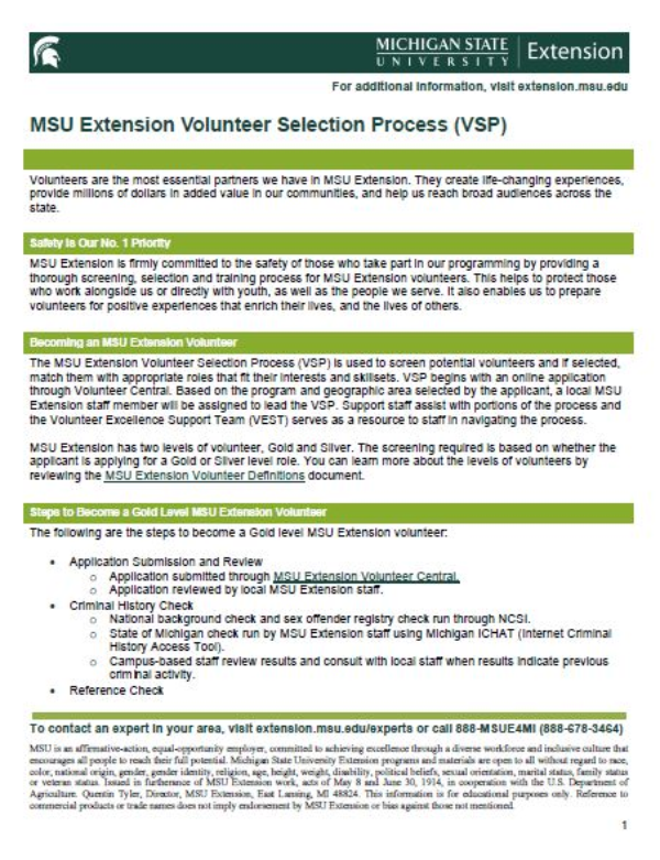 Thumbnail image of MSU Extension Volunteer Selection Process document.