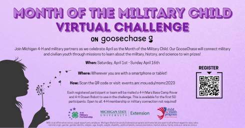 Month of the Military Child Virtual Challenge graphic on purple background with silhouette of child blowing on a dandelion.