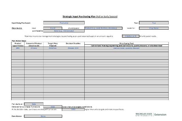 Input Purchasing Plan Template (Excel) Farm Management