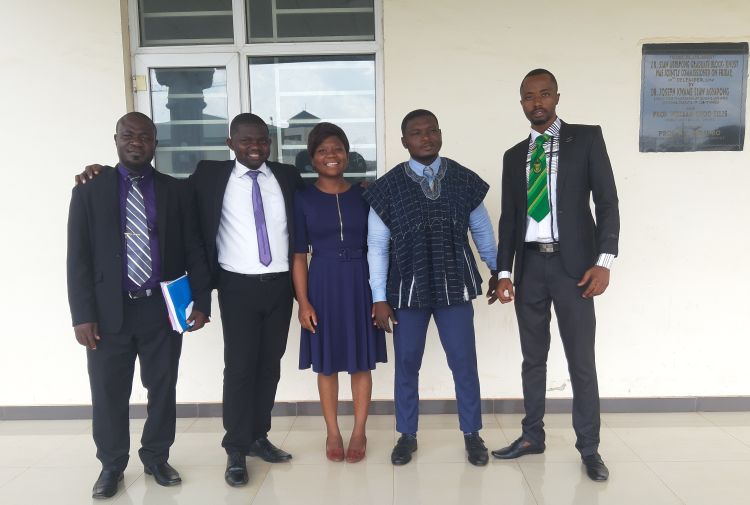 BHEARD scholars after successfully defending their dissertations (L-R Francis Appiah, Caleb Yeboah, Linda Coffie, Razak Abdul Salam and Jonah Zibul Ziyaaba)