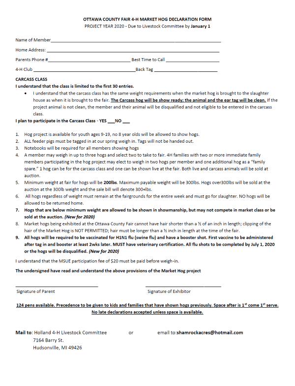 This is an image of the Ottawa County Fair 4-H market swine declaration form.
