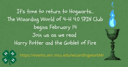 Green background with white lettering including a picture of the Goblet of Fire with blue flames. The Wizarding World of 4-H returns for round 4 on February 14th.