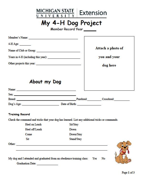 This is an image of the first page of the 4-H dog project record sheet.
