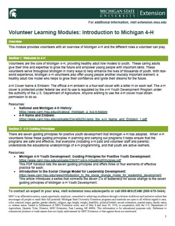 Thumbnail of Volunteer Learning Modules: Introduction to Michigan 4-H document.