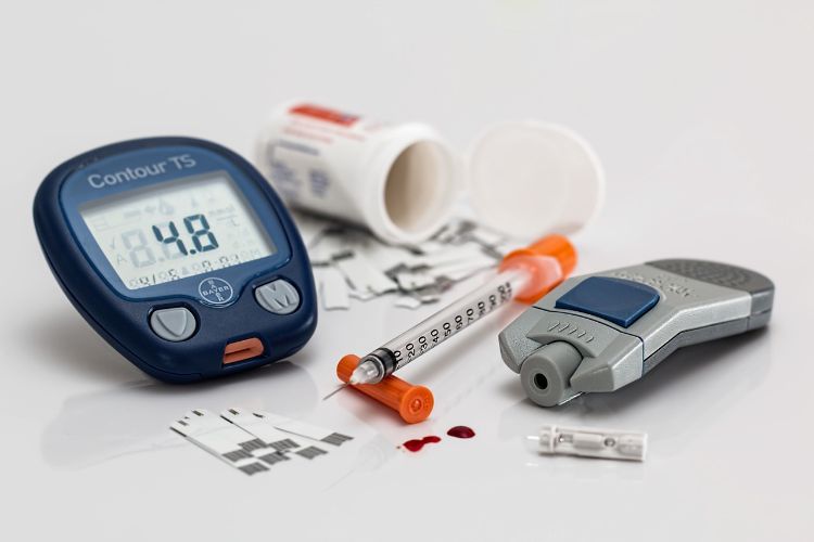 Various medical equipment used to manage diabetes.
