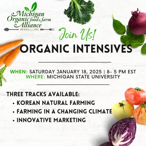 MOFFA Organic Intensives Promotional image outlining the three track options for 2025: Korean Natural Farming, Farming in a Changing Climate and Innovative Marketing