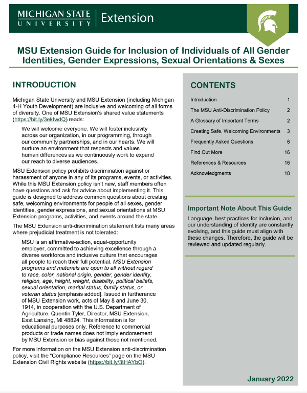 Thumbnail image of the front page of the MSU Extension Guide for Inclusion of Individuals of All Gender Identities, Gender Expressions, Sexual Orientations and Sexes document.