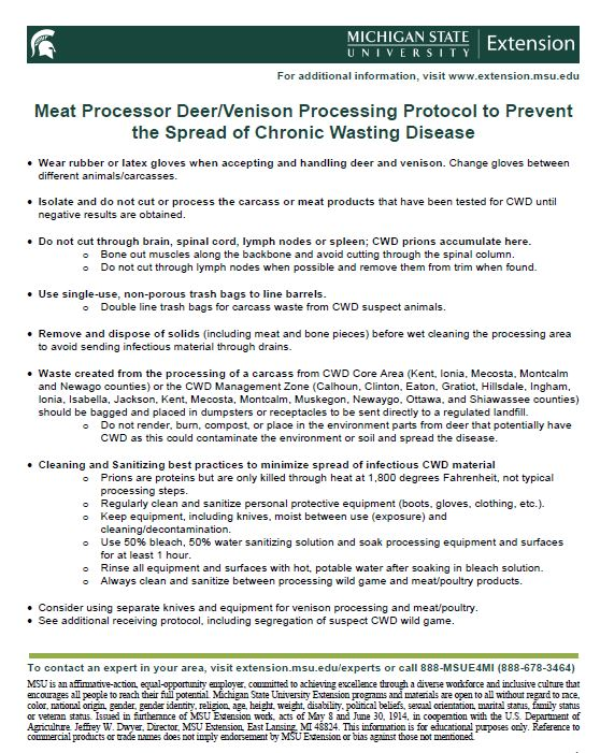 Meat Processor Deer Venison Processing Protocol To Prevent The Spread Of Chronic Wasting Disease Msu Extension