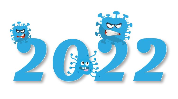 2022 with cartoon virus figures.