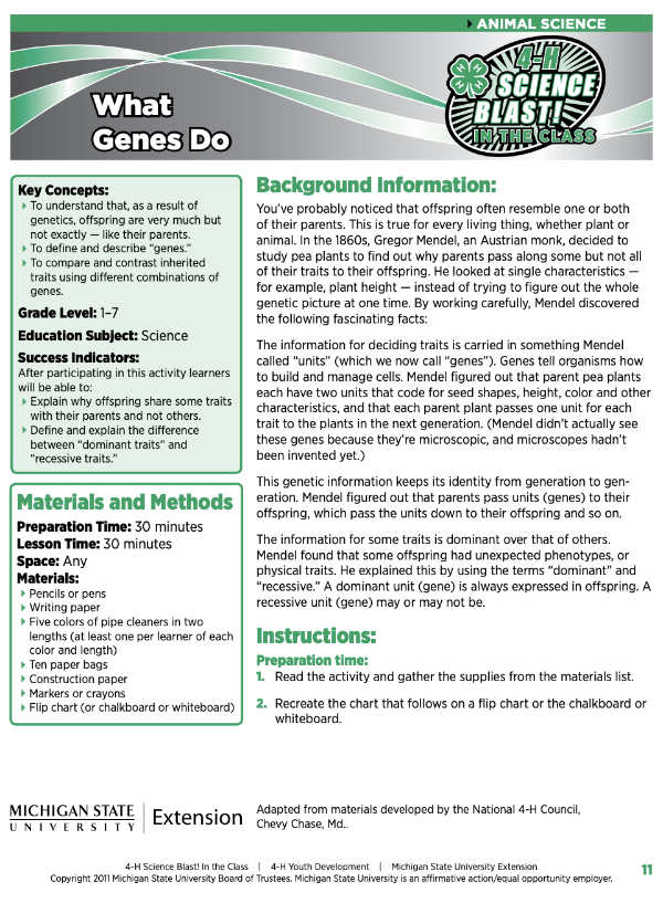 4 H Science Blast In The Class What Genes Do 4 H Science Blast