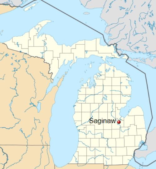 Map of Michigan with the city of Saginaw indicated.
