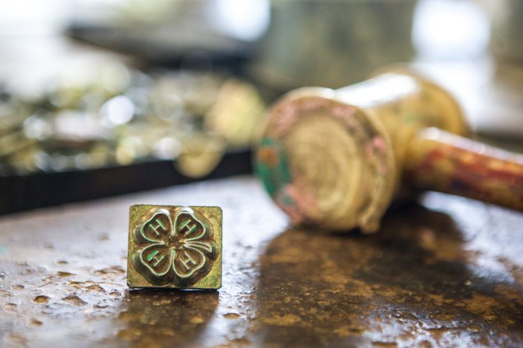 A gold 4-H clover pin next to an out of focus gavel.