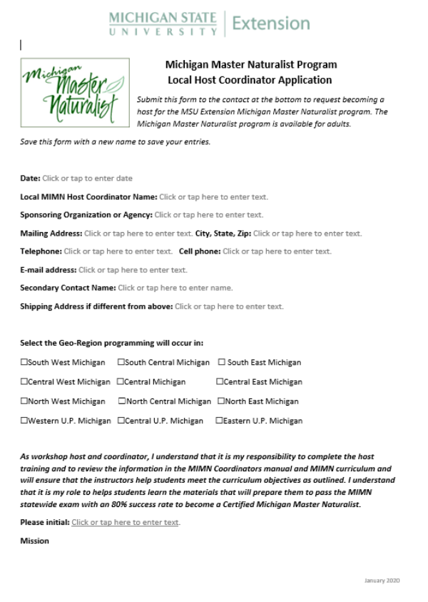 Michigan Master Naturalist Host Coordinator Application (DOC file)