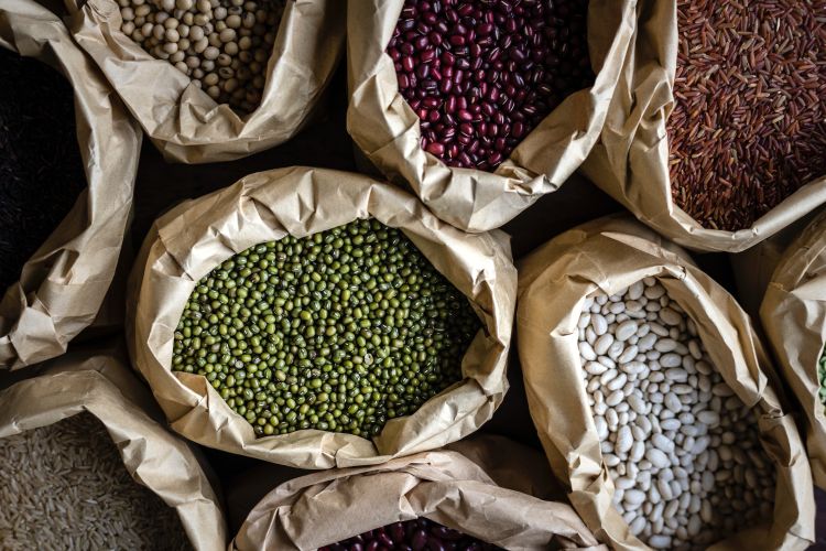 Grains in brown bags.