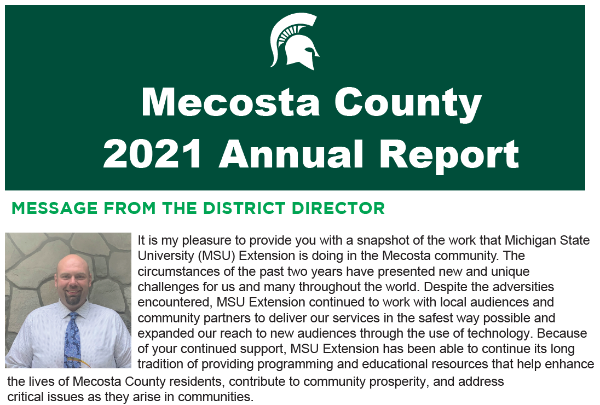 front cover of annual report with green background, title with white, bold font and note from the district director