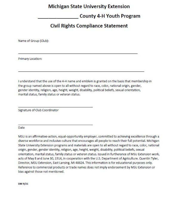 Thumbnail of 4-H Club Civil Rights Compliance statement.