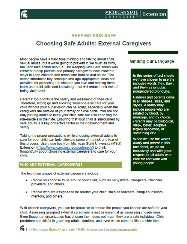 Screenshot of the first page of the External Caregivers document.