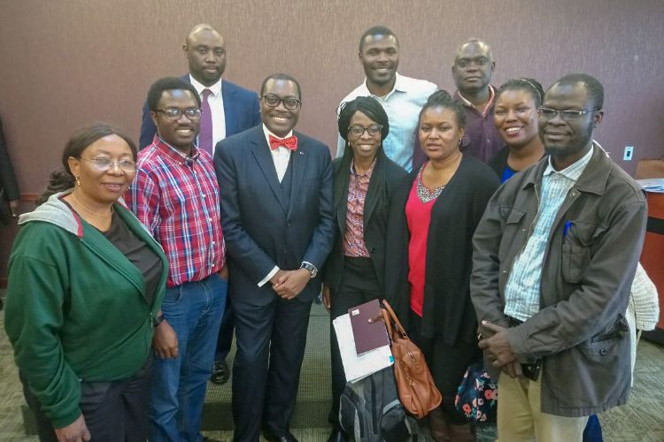 Visiting Nigerian faculty members pose with Dr. Akin Adesina and AFRE's Saweda Liverpool-Tasie at Adesina's public event at MSU.