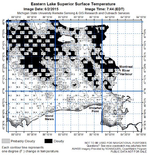 Thermal bar formation in eastern Lake Superior nearshore zone along the south shore. | Michigan Sea Grant CoastWatch