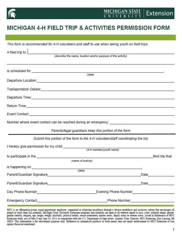 Thumbnail of Michigan 4-H Field Trip & Activities Permission Form