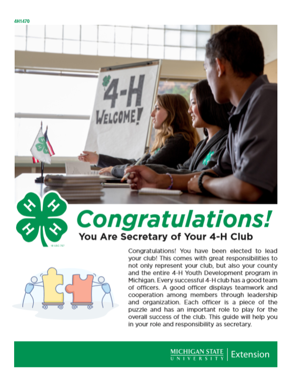 The first page of the document for 4-H club secretary