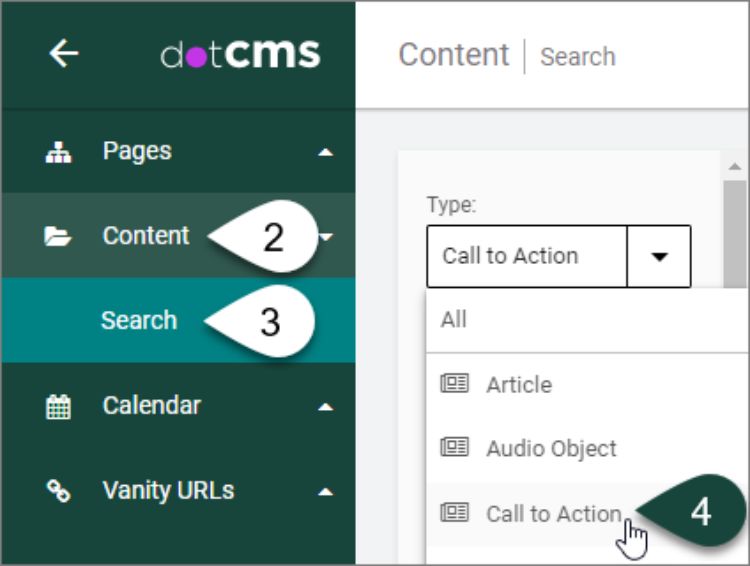 The dotCMS content dashboard with Type drop down menu showing the different content types that can be selected, such as Call to Action.