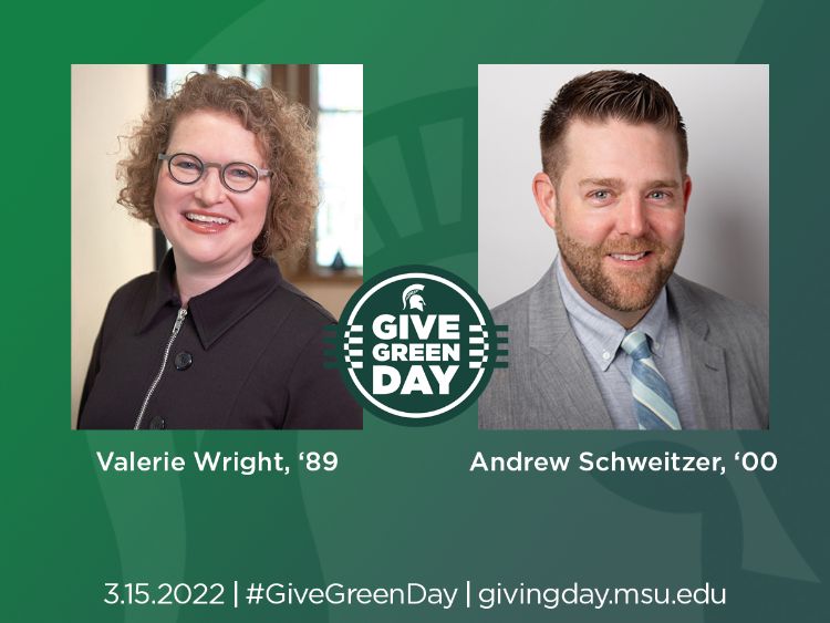 Valerie Wright, '89, and Andrew Schweitzer, '00, alumni from the School of Planning, Design and Construction, provided an additional gift for exceeding the CANR goal on Give Green Day.