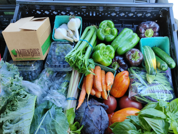 A variety of fresh produce for delivery, including celery, garlic, blueberries, lettuce, cabbage, carrots, bell peppers, cucumbers, and kale.
