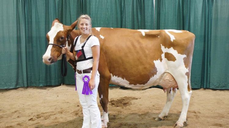 Miriah Dershem of St. Johns, Michigan, stands with her cow Rubie after winning grand champion of the Red and White show during Michigan 4-H Youth Dairy Days in 2016. Photo by Christie Dershem.