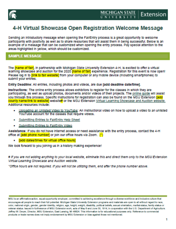 Thumbnail of 4-H Virtual Showcase Open Registration Welcome Message document.