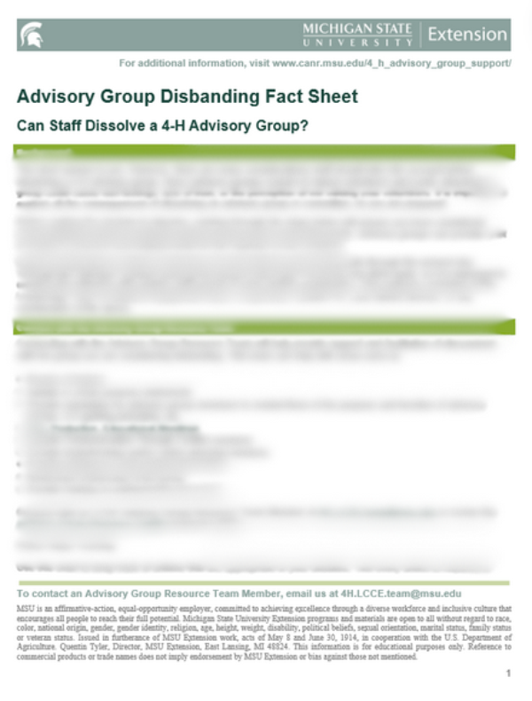 Thumbnail of the Advisory Group Disbanding Face Sheet.