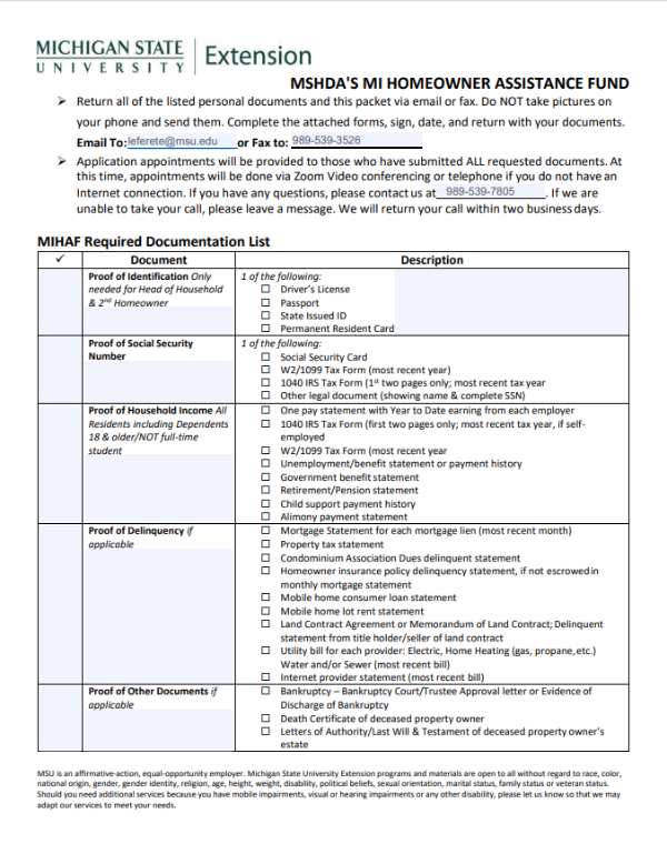 MIHAF application packet first page.