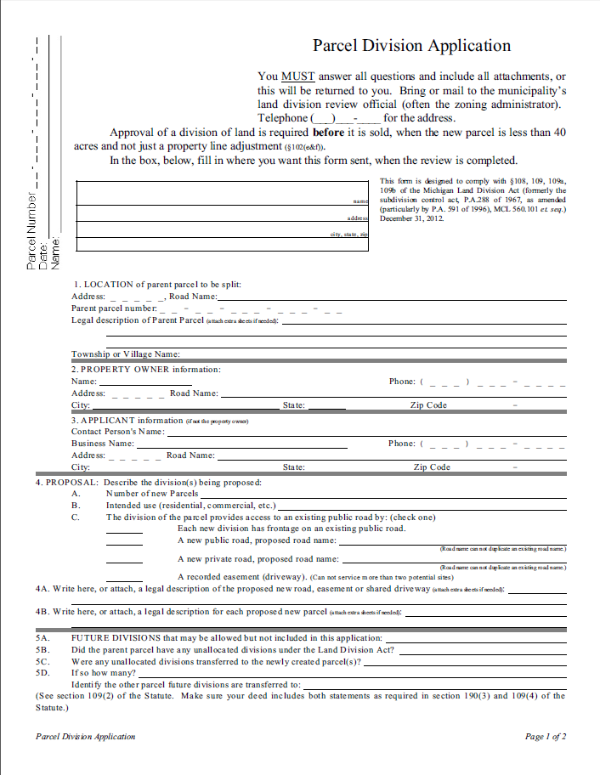 Sample land division application for use by local government when receiving a request to divide land.