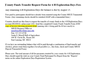 County Funds Transfer Request Form for 4-H Exploration Days Fees