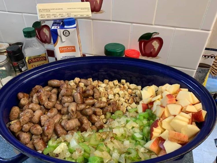 Stuffing prepared in a slow cooker.