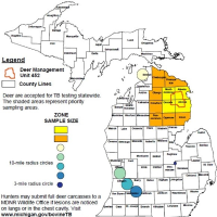 Michigan map with zones identified from which deer heads are needed to monitor for Bovine TB.