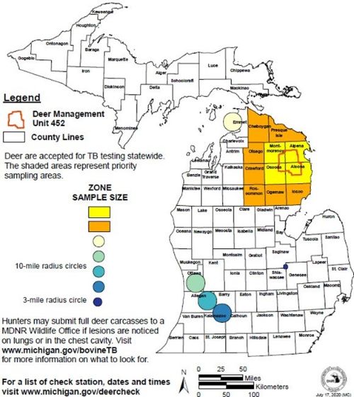 Michigan map with zones identified from which deer heads are needed to monitor for Bovine TB.