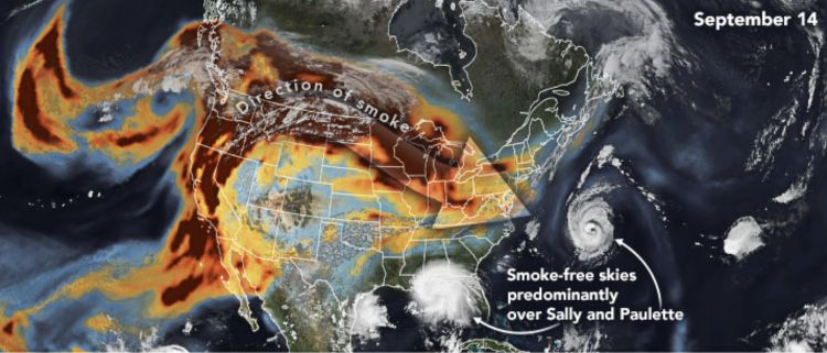 California fires meet hurricanes, September 2020, photo courtesy of NASA Earth Observatory.