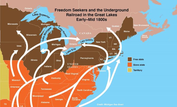 Map indicates routes of the Freedom Seekers from the enslaved states to the free states.