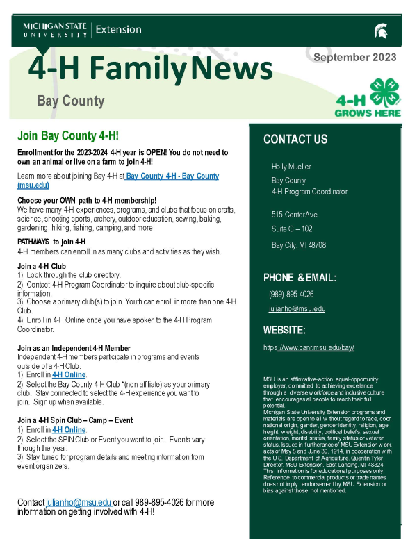Cover page of 4-H Newsletter for September 2023.